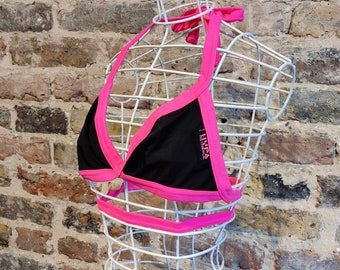 Vintage Y2K Hypametabolic neon pink black stretch tie halter bra top bralette