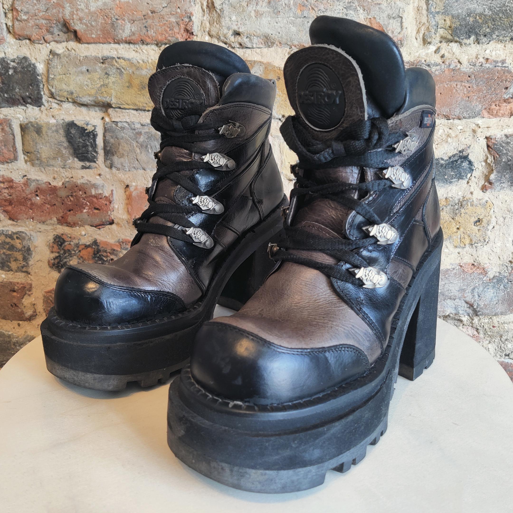 Vintage 90s Y2K Destroy Platform Block Heel Black Brown Leather