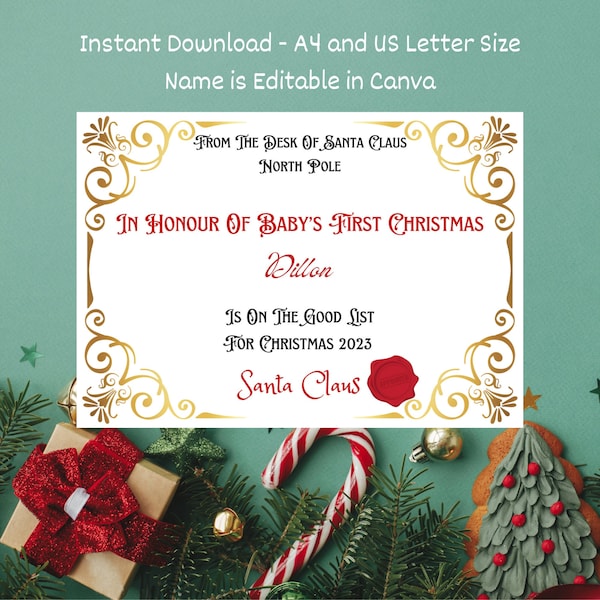 Personalised Baby's First Christmas Certificate from Santa Claus - Instant Download - Edit name in Canva - Christmas Keepsake