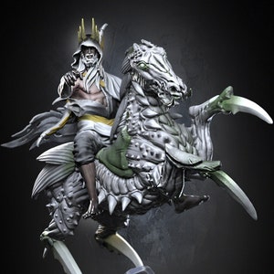 May include: A white, skeletal, winged horse with green accents, ridden by a figure wearing a white robe and a golden crown. The figure is holding a staff and has a long white beard. The horse is standing on a rocky base.