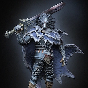May include: A detailed figurine of a warrior with a wolf-like helmet and armor, holding a large sword. The figure is predominantly gray and blue, with brown accents on the boots and a cape. The base is a dark gray with green grass.