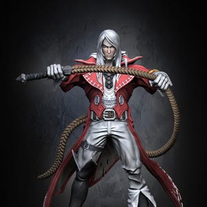May include: A white-haired figure in a red and black costume with a long whip. The figure is standing on a platform with chains on the ground. The figure is wearing a white shirt, black trousers, and black boots. The figure has a serious expression on their face.