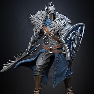 May include: A detailed miniature figure of a knight wearing a silver helmet with a blue and silver shield and a sword. The knight is wearing a blue and grey tunic with a fur collar and brown boots. The figure is standing on a stone base.