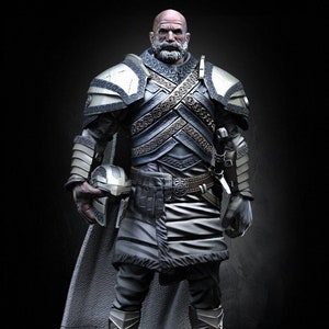 May include: A detailed figurine of a bearded, bald man wearing a silver and brown armor with a white cape. He is holding a helmet in his left hand and has a sword on his belt. The figurine is standing on a black base.
