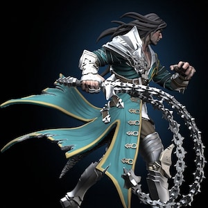 May include: A detailed figurine of a character with long black hair, wearing a teal and gold robe, holding a chain weapon. The figurine is standing on a stone base with the text "Dragon" on it.