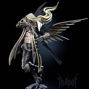 May include: A detailed figurine of a winged character with long blonde hair, wearing a black and gold coat, holding a sword. The figurine is standing on a rocky base and has a black background.