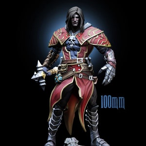 May include: A painted miniature figure of a character wearing a red and black outfit with a skull on the chest. The figure is holding a spiked weapon and is standing on a base with a skull. The figure is 100mm tall.