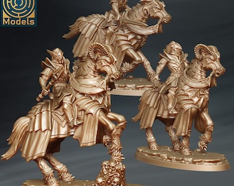 May include: Three miniature figures of knights on horseback, each with a different design of armor and horse. The figures are made of a gold-colored material and are posed in a dynamic fashion.