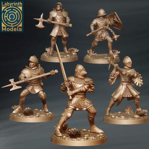 May include: A set of bronze-coloured miniature knight figurines in different poses, each holding a weapon like an axe, sword, or mace. The figurines stand on small, textured bases, with the "Labyrinth Models" logo in the top left corner.