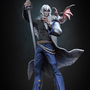May include: A white-haired figure wearing a long white coat and blue trousers holds a sword and a small white dragon with red wings on their shoulder.