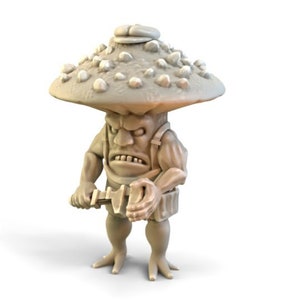 May include: A small, brown, mushroom-shaped figurine with a grumpy face and a weapon in its hand. The figurine is made of a textured material and has a detailed design.
