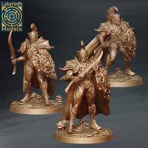May include: Three miniature figures of warriors, each with a sword and shield, standing on circular bases. The figures are made of a gold-colored material and have intricate details.