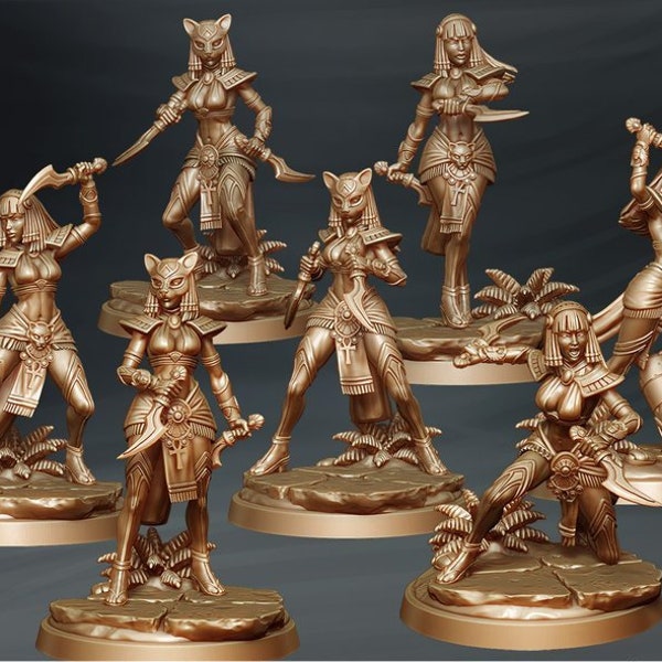 Kingdom of Kemet Huntress Individual/Set of 7 Miniatures D&D Fantasy RPG - Labyrinth Models - Tomb Kings, Egyptian Cat Warriors