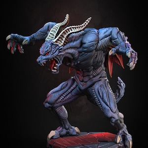 May include: A detailed blue and red dragon figurine with horns and wings. The dragon is posed in a roaring position with its mouth open and claws extended. The figurine is standing on a black and red base.