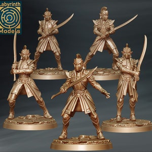 May include: Five gold-coloured miniature figurines of elves holding swords. The elves are wearing armour and have pointed ears. The figures are standing on circular bases.