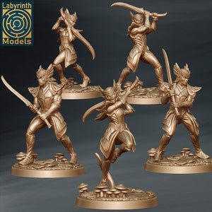 May include: Five miniature figurines of elven warriors, each holding a sword and standing on a circular base with a mushroom design. The figures are made of a gold-colored material and are posed in dynamic stances.