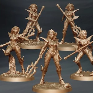 May include: Five miniature figures of female elves, each holding a spear-like weapon. The figures are painted in a gold metallic color and are posed in a variety of dynamic stances. The figures are set on circular bases with a textured surface.