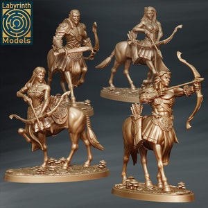 May include: Four miniature figurines of centaurs, each with a different pose and holding a bow and arrow. The centaurs are painted in a gold color and are standing on a circular base.