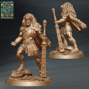 May include: A gold-coloured miniature figurine of a warrior with a lion skin cloak and a large sword. The warrior is standing on a round base with a snake sculpted on it.