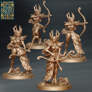May include: Four detailed miniature figures of female archers, each with a bow and arrow, standing on circular bases. The figures are painted in a gold tone and have intricate details, including flowing hair, feathered wings, and leafy armor.