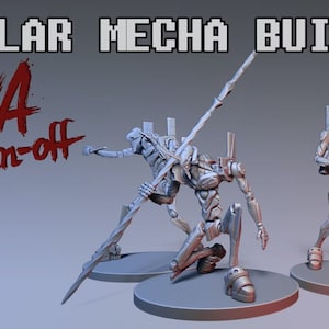 May include: Three grey 3D printed robot figures, one holding a spear, one holding a gun, and one kneeling with a spear. The figures are on circular bases. The text "MODULAR MECHA BUILDER EVA Spin-off" is at the top of the image.