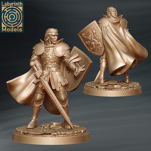 May include: A bronze-colored figurine of a knight in full armor, holding a sword and shield. The shield features a lion emblem. The knight wears a cape and stands on a circular base. The Labyrinth Models logo is in the upper left corner.