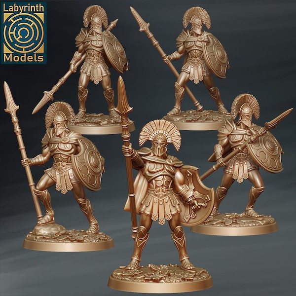 Olympians Warriors of Ares (Spartans) Unit - Individuel/Ensemble de 5 Miniatures - D&D Fantasy RPG - Modèles de labyrinthe - Grec, Mythologie, 300