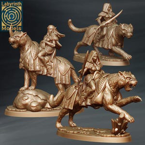 May include: Bronze-colored fantasy figurines of warriors riding big cats. The figurines are detailed with armor and weapons. The Labyrinth Models logo is in the upper left corner. The big cats are in a walking or running pose.