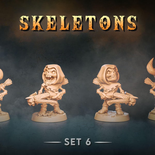 Skeleton w/Crossbows - Individual/Set of Chibi Style Miniatures (includes bases)  - 3D Printed - Chibiatures -  Heroquest, D&D, RPG