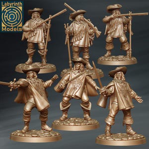 May include: Six miniature figures of men in 17th century military attire, each holding a musket and wearing a plumed hat. The figures are painted in shades of gold and brown, and are standing on circular bases.
