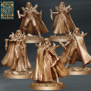 May include: Five bronze-coloured fantasy figurines of a cloaked woman, each holding a weapon or scroll. The figures are on individual bases, with the "Labyrinth Models" logo in the upper left corner.