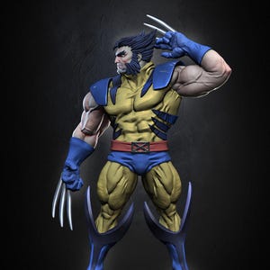 May include: A yellow and blue action figure of Wolverine, a superhero with claws, standing on a wooden base. The figure has a detailed muscular build and a fierce expression.