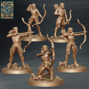 May include: Bronze-colored fantasy figurines of archers in various poses, each holding a bow and arrow. The figures are on circular bases, some with mushroom details. The Labyrinth Models logo is in the upper left corner.