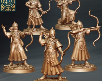 May include: Five miniature figures of archers, each wearing a helmet, chainmail, and a long robe. They are holding bows and arrows, and are posed in various shooting stances. The figures are made of a gold-colored metal.