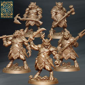 May include: Five miniature, hand-painted, gold-toned figurines of boar-like creatures with weapons. Each figurine is posed on a circular base with a textured surface.