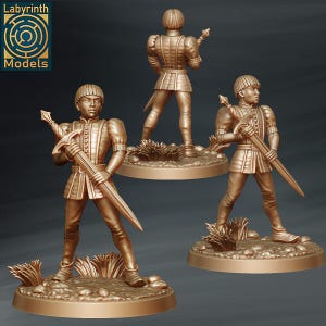 May include: A bronze-coloured miniature figure of a person in historical clothing, holding a sword and a smaller weapon. The figure stands on a circular base with small plants. The image includes the "Labyrinth Models" logo in the upper left corner.