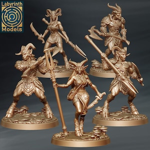 May include: Five miniature figurines of satyrs, each with horns, hooves, and a unique weapon. The figures are painted in a bronze colour and stand on circular bases.