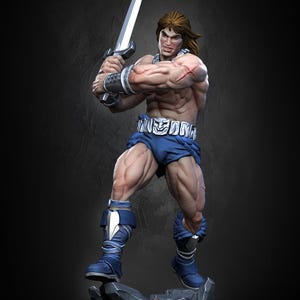 以下が含まれることがあります： 銀色の剣を掲げた、筋肉質な戦士のフィギュア。青いショートパンツ、ブーツ、手首ガードを着用。戦士は茶色の髪と傷跡がある。フィギュアは石の台座の上に立っている。
