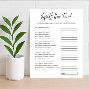 Spill The Tea, Bridal Shower Games, Printable Games, Bridal Shower Party Activities, Minimalist Bridal Shower