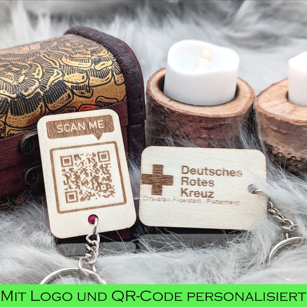 Schlüsselanhänger / Werbegeschenk mit Gravur und QR-Code aus Holz - Werbung - Individualisierbar - mit Schlüsselring - Messegeschenke