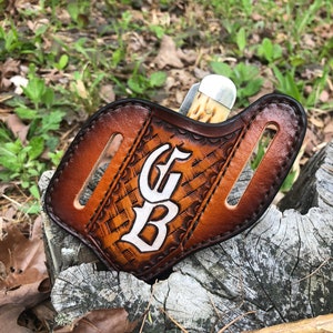 Custom Leather Slanted Pancake Knife Sheath/Basketweave Stamped