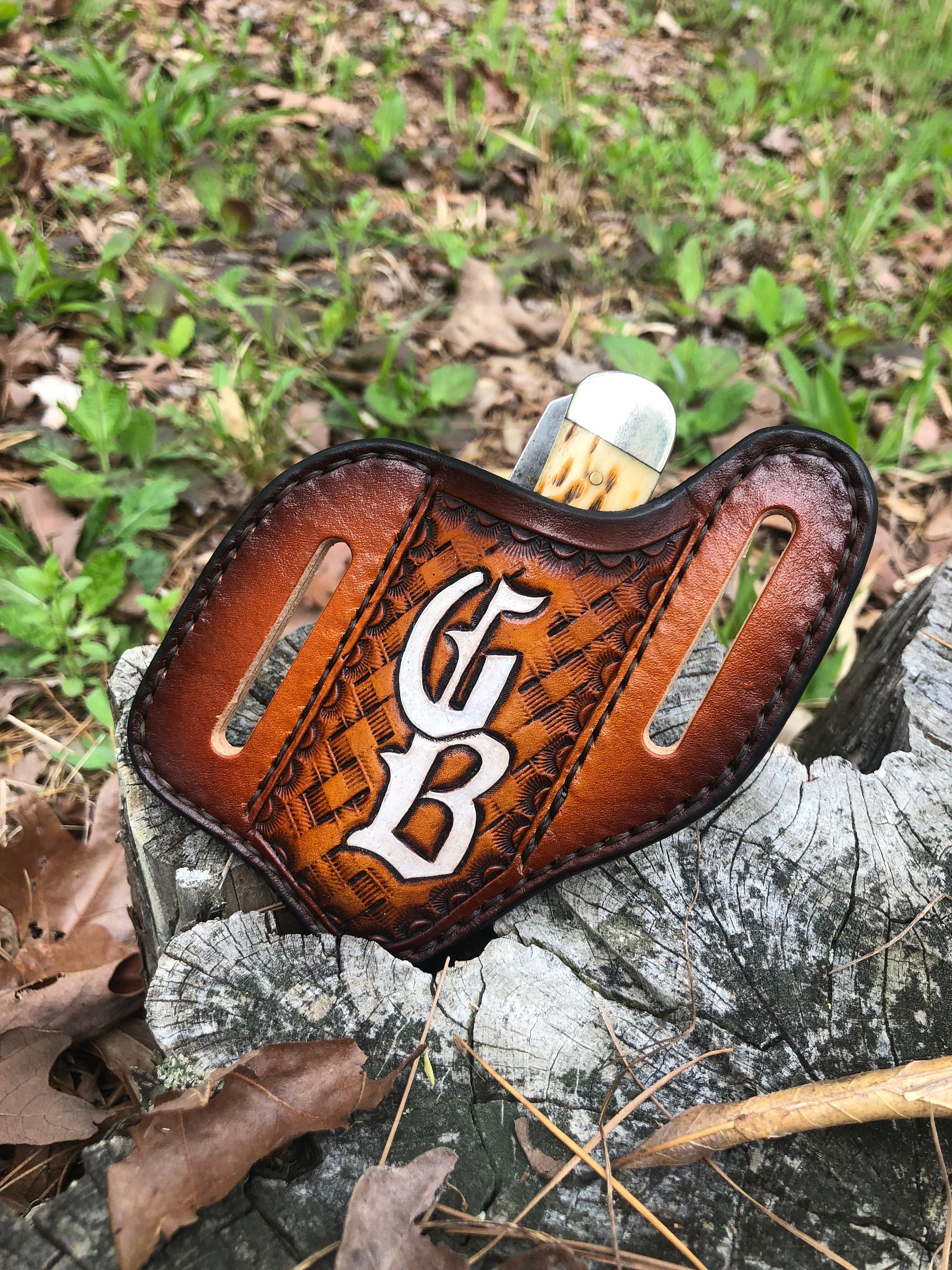Custom Leather Slanted Pancake Knife Sheath/Basketweave Stamped