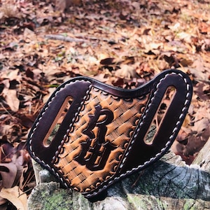 Custom Leather Slanted Pancake Knife Sheath/Basketweave Stamped