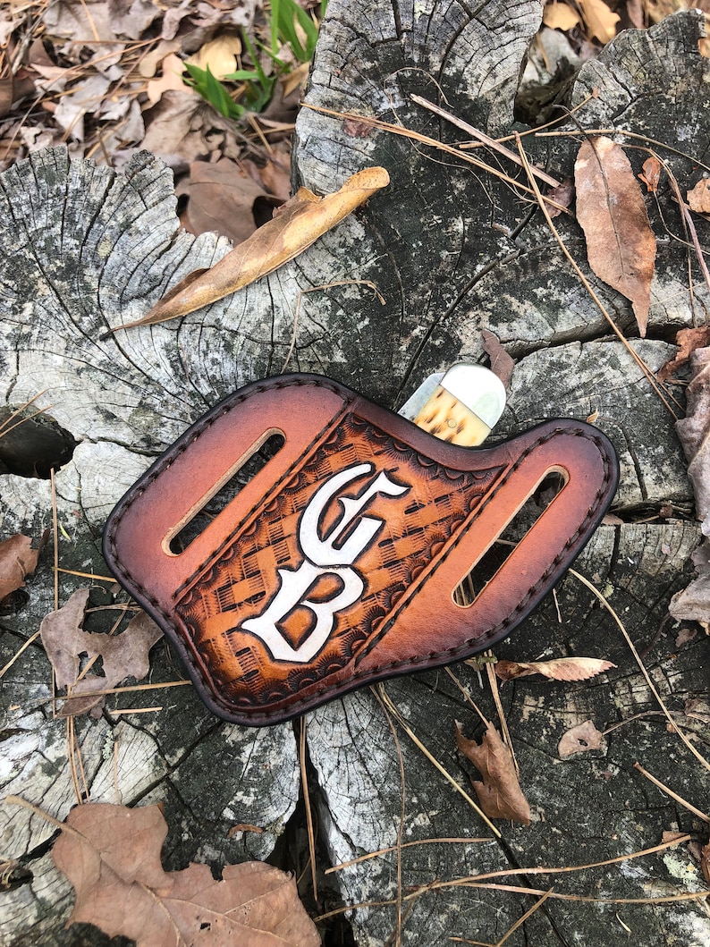 Custom Leather Slanted Pancake Knife Sheath/basketweave Stamped Etsy