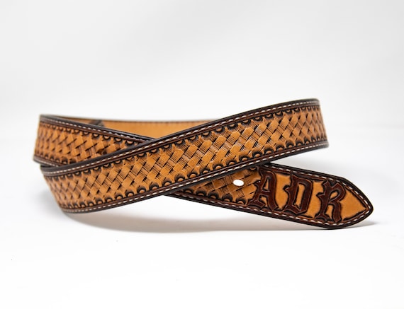 Custom Leather Basketweave Stamped Leather Belt - Etsy display picture 1