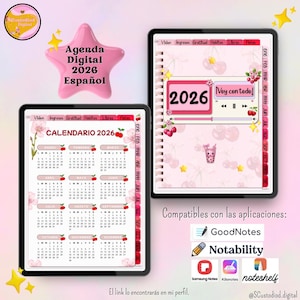 以下が含まれることがあります： 2 つのタブレットに表示されたデジタル 2026 スペイン語アジェンダ。1 つのタブレットには桜のアクセントが付いたカレンダーが表示されます。もう 1 つのタブレットには、2026 年のメディアプレーヤーインターフェイスが表示されます。「互換性のあるアプリケーション: GoodNotes、Notability、Samsung Notes、Kilonotes、noteshelf」というテキストが含まれています。