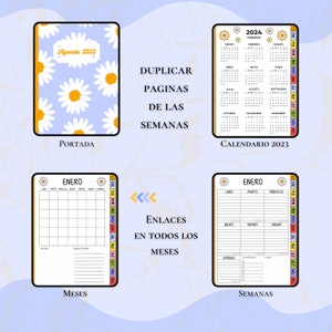 May include: A printable planner template with a daisy pattern. The cover page says "Agenda 2023". The template includes a calendar for 2023, monthly pages, and weekly pages. The template also includes instructions for duplicating pages and linking pages.