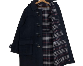 PICK!!! Vintage Burberrys Made in England Wool Herringbone Long Jacket Duffle Nova Check Blanket Lining Tartan Design Rare Hard To Find
