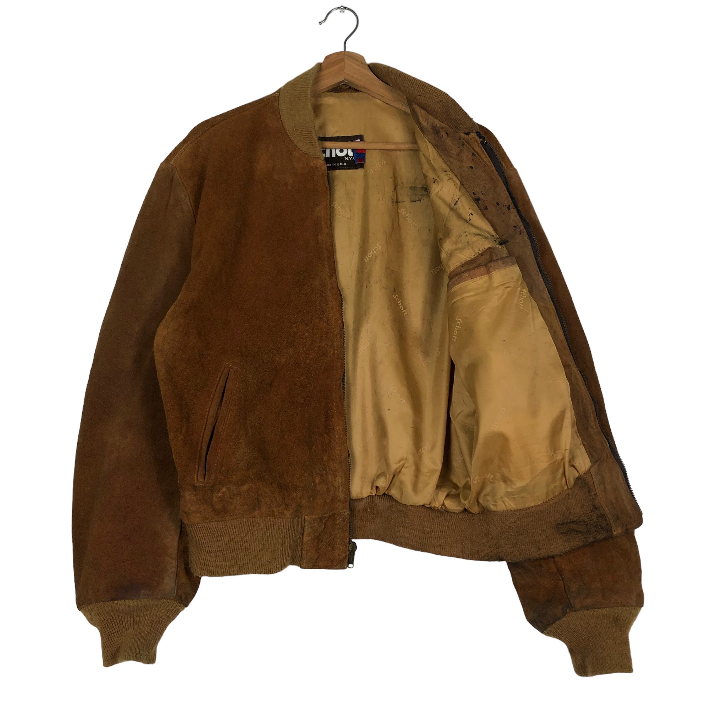 PICK!!! Vintage Suede Leather Jacket Fly Schott Made in Usa Hard