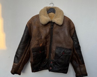 Giacca da motociclista in pelle Avirex vintage, collo in montone (XS)